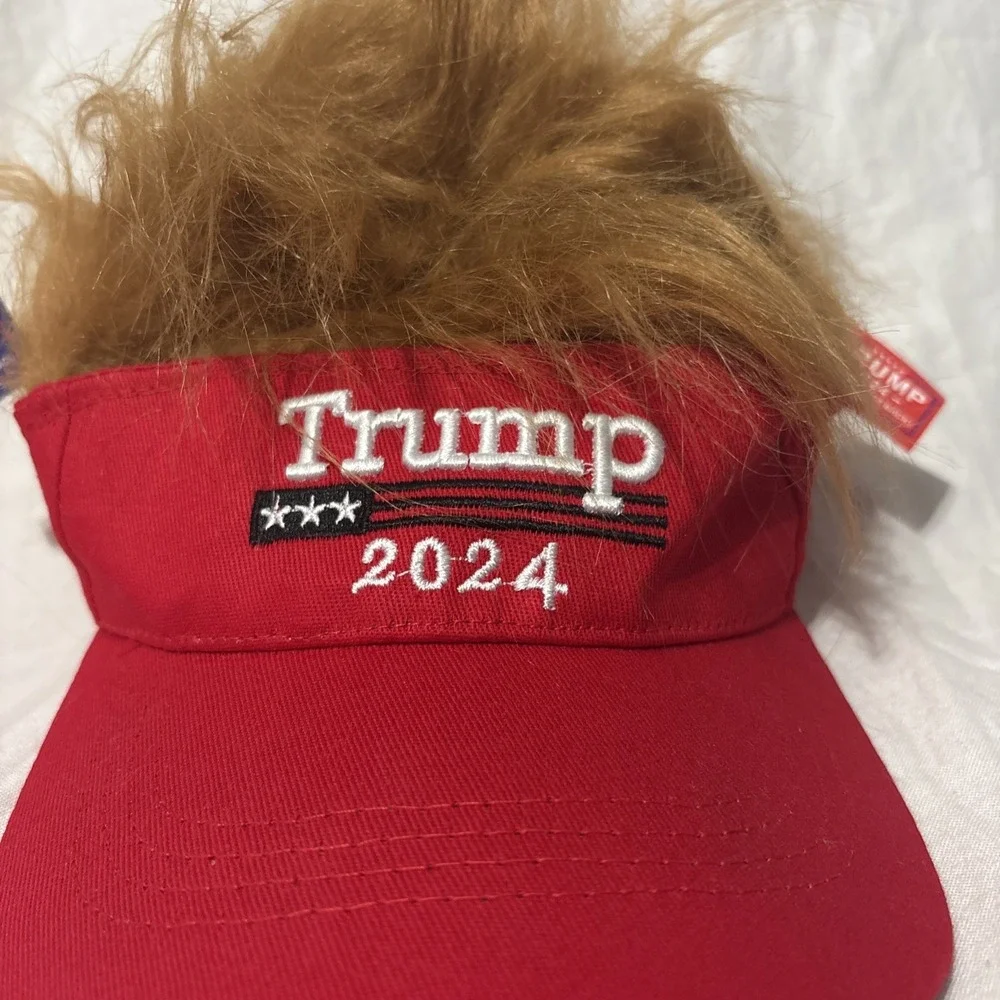 Lot Of 2 President Donald TRUMP Red Trumpy Visor Hat w/Gold Hair Golf Cap Wig